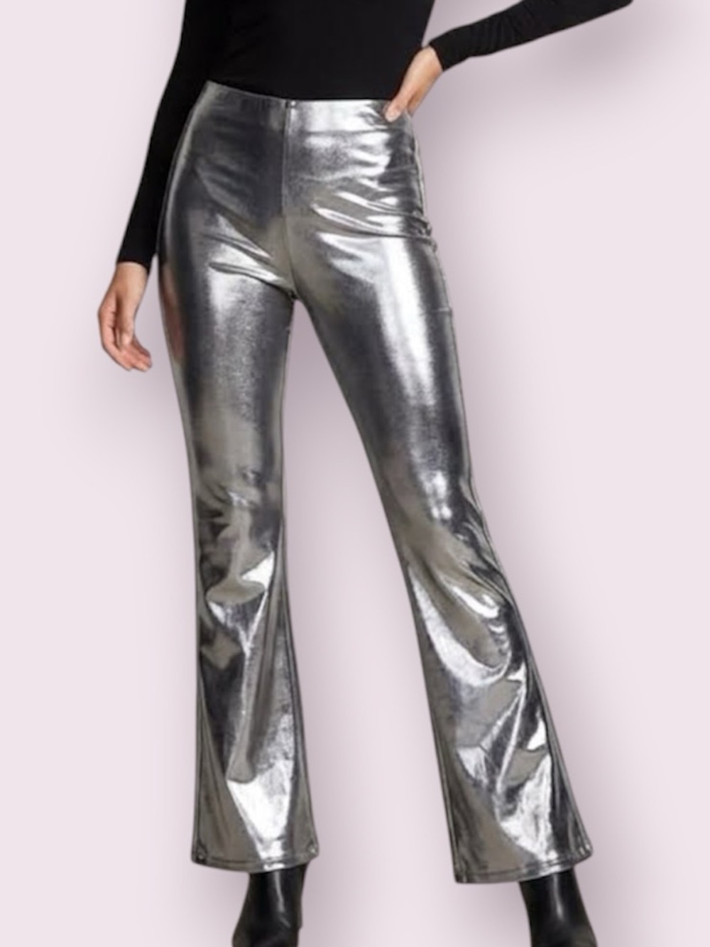NWT BBJ Leatherette Vegan Faux Leather Pull On Pants Silver Metallic Flare Small